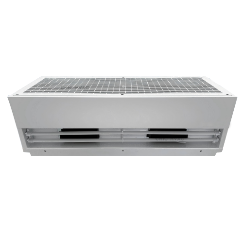 Industrial air curtain mounted over a doorway for door sealing