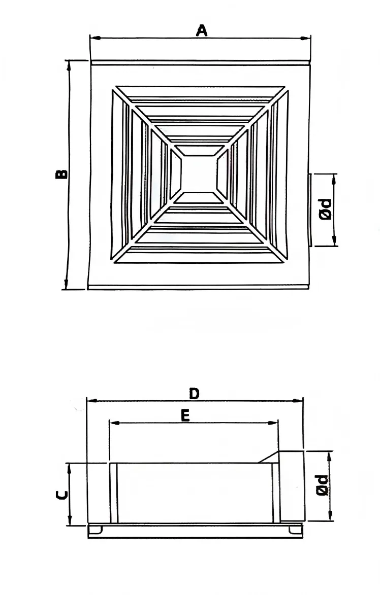 BPT10-23 ceiling exhaust fan dimensions drawing BPT10-23 ceiling exhaust fan size drawing showing A B C ΦD D and E dimensions