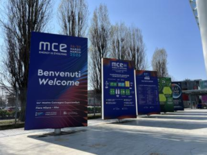 Outdoor MCE 2026 welcome signage at Fiera Milano Rho