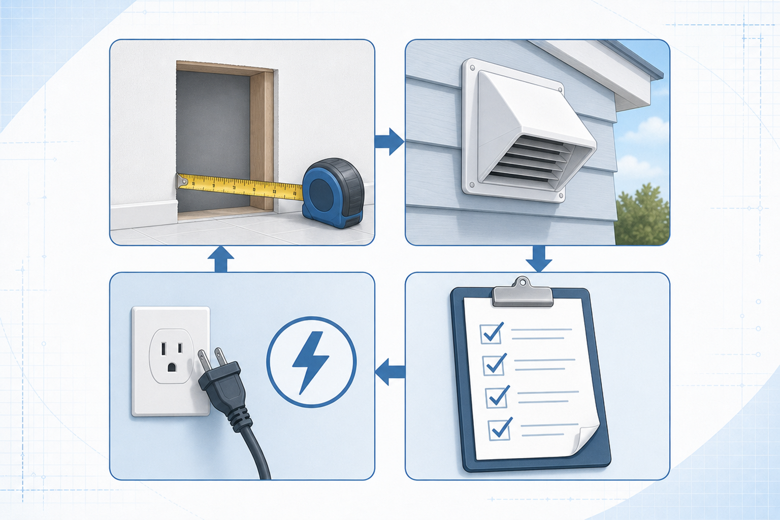 Conceptual bathroom fan replacement planning diagram with wall opening, exterior vent route, power supply, and project checklist icons