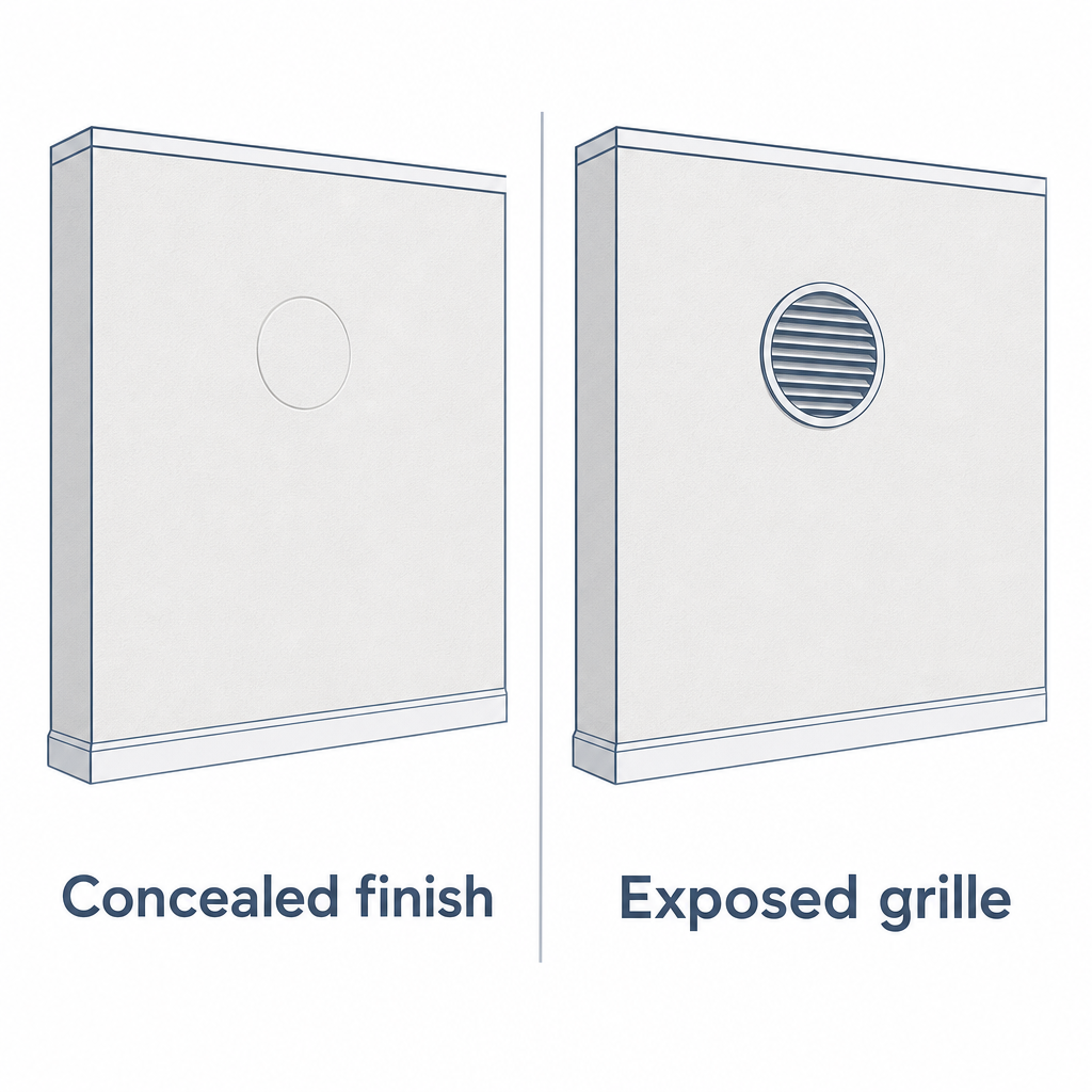 Conceptual comparison of concealed finish and exposed grille options