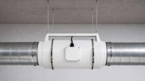 hf200-inline-duct-installation-illustrative Illustrative ceiling-hung HF-200 inline duct installation with round duct connections