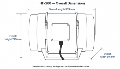 hf200-overall-dimensions-303x245x245mm HF-200 overall dimensions: 303 mm length, 245 mm height and 245 mm width