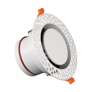 Hidden round duct vent white-background detail view with white circular body and orange retaining clip