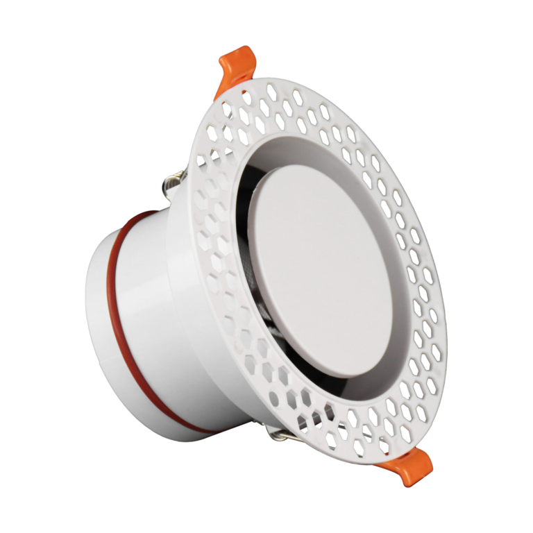 Hidden round duct vent white-background detail view with white circular body and orange retaining clip