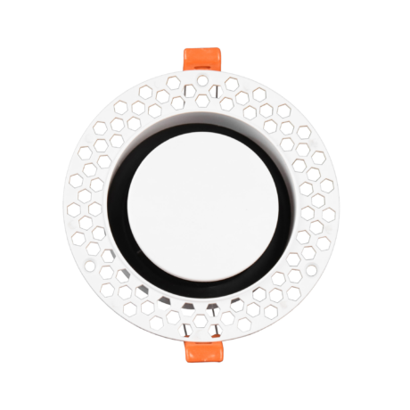 Hidden round duct vent white-background front view with central mesh opening and orange retaining clips