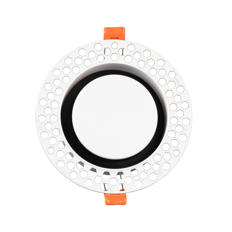 Hidden round duct vent white-background front view with central mesh opening and orange retaining clips