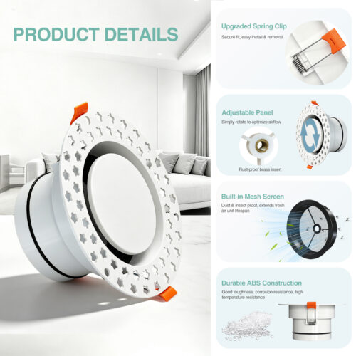 hidden-round-vent-product-details Hidden round duct vent product details with adjustable panel, spring clip, mesh screen and brass insert