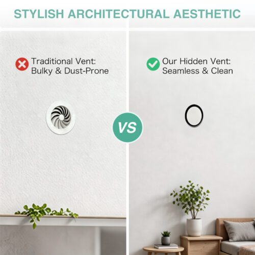 hidden-round-vent-traditional-vs-seamless Traditional exposed vent compared with a seamless hidden round duct vent finish