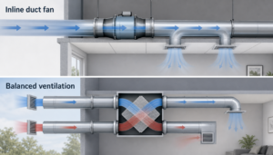 Conceptual comparison of inline duct fan airflow boosting and balanced ventilation air exchange