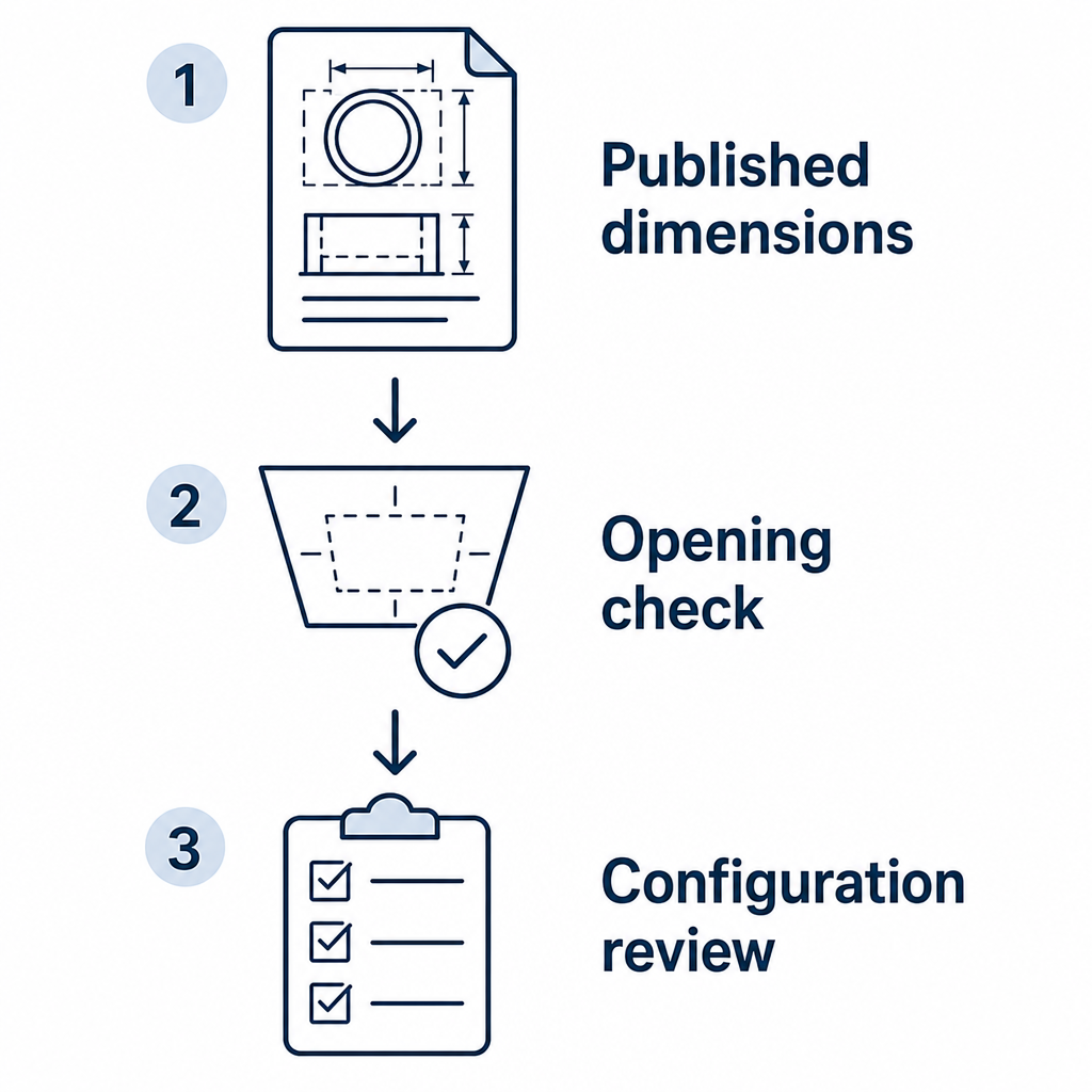 Conceptual size-review process for published dimensions, opening check, and configuration review