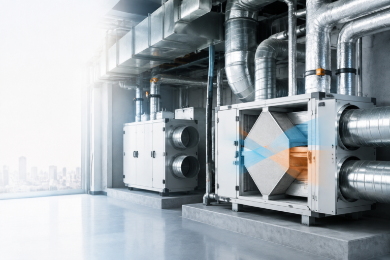 ERV and HRV ventilation equipment in a commercial mechanical room