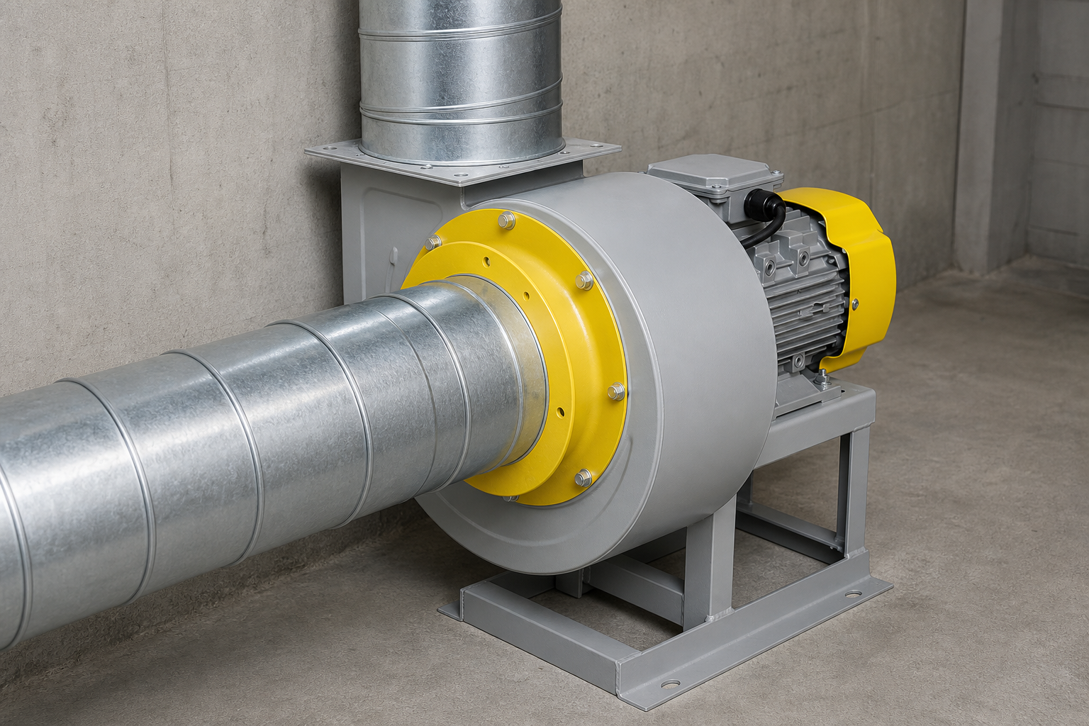 CF-11 industrial centrifugal fan installed on a plant-room floor with 90-degree inlet and discharge duct connections