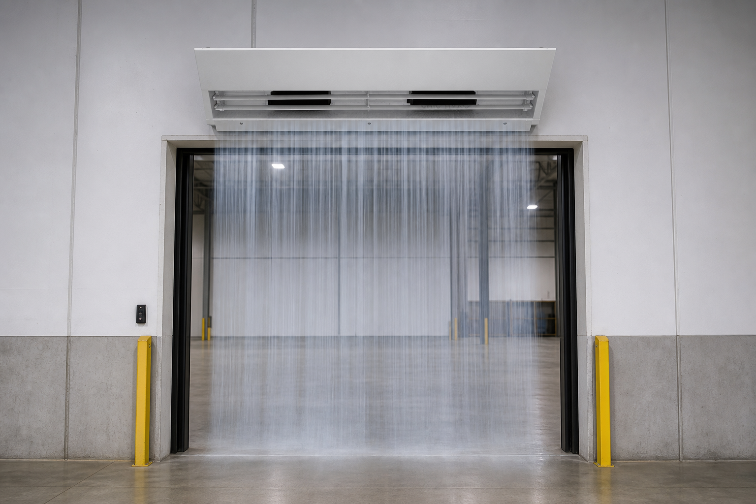 Draft review: industrial air curtain mounted above a doorway with the discharge outlet facing down