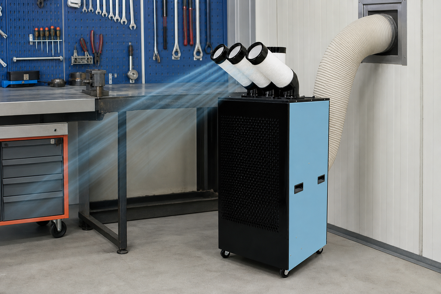 Portable industrial air conditioner on castor wheels in a workshop with hot-air exhaust ducted to a wall opening