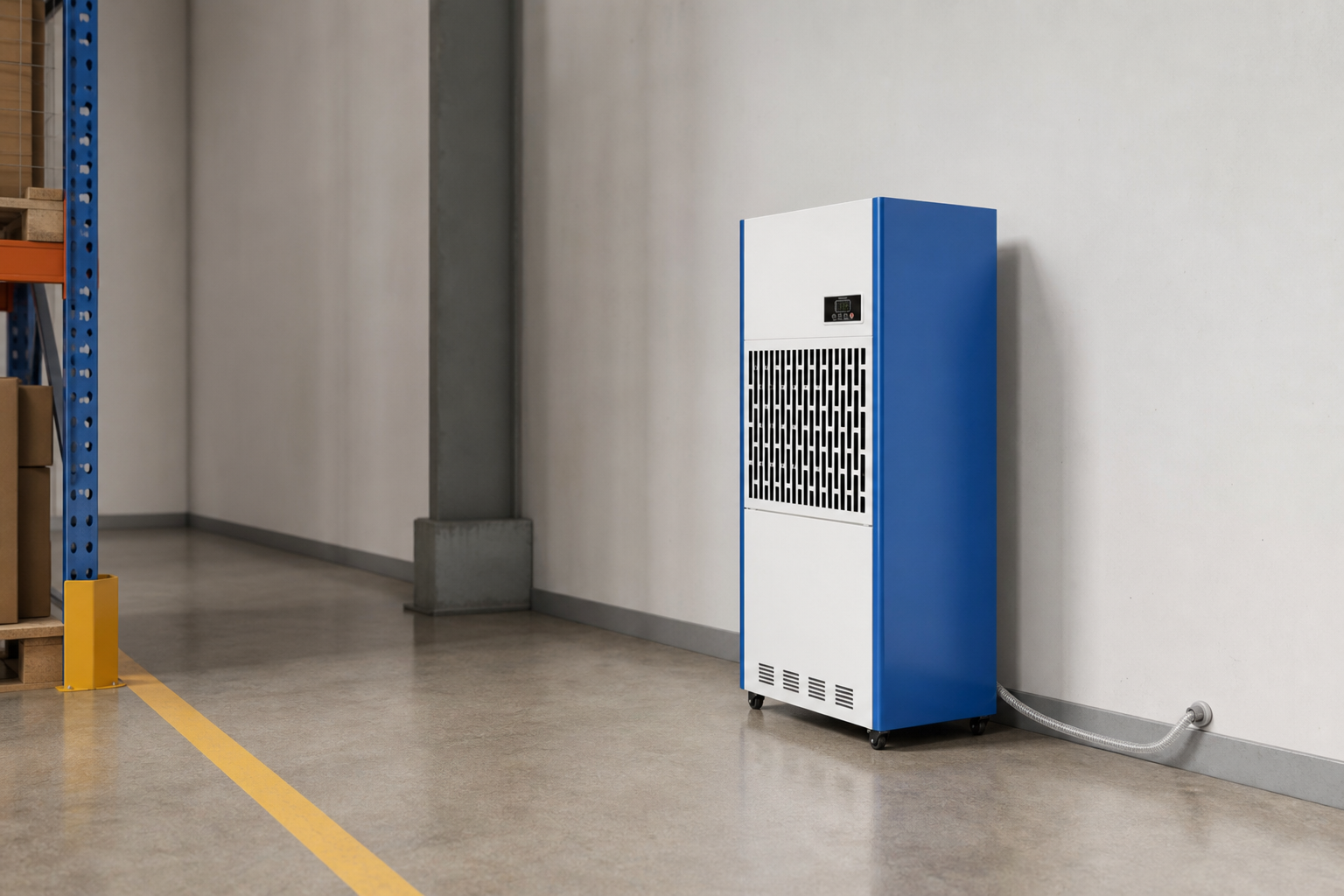 Draft review: industrial dehumidifier against a warehouse wall with drainage along the wall, no external electrical connection