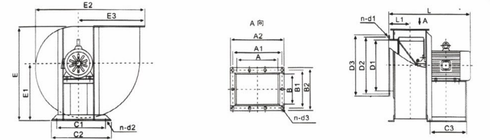 11-62 centrifugal fan dimension drawing, inlet, outlet and overall sizes
