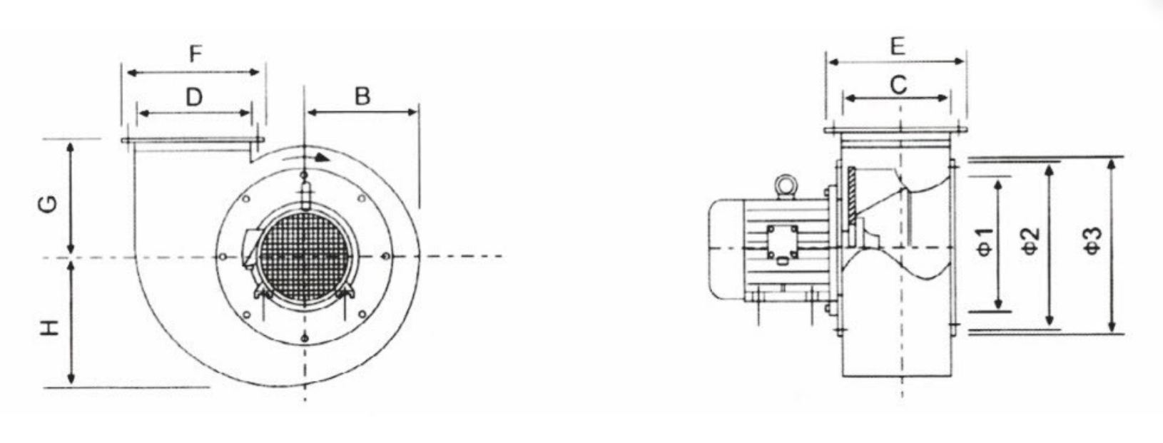 4-72 centrifugal fan dimension drawing, overall and connection sizes